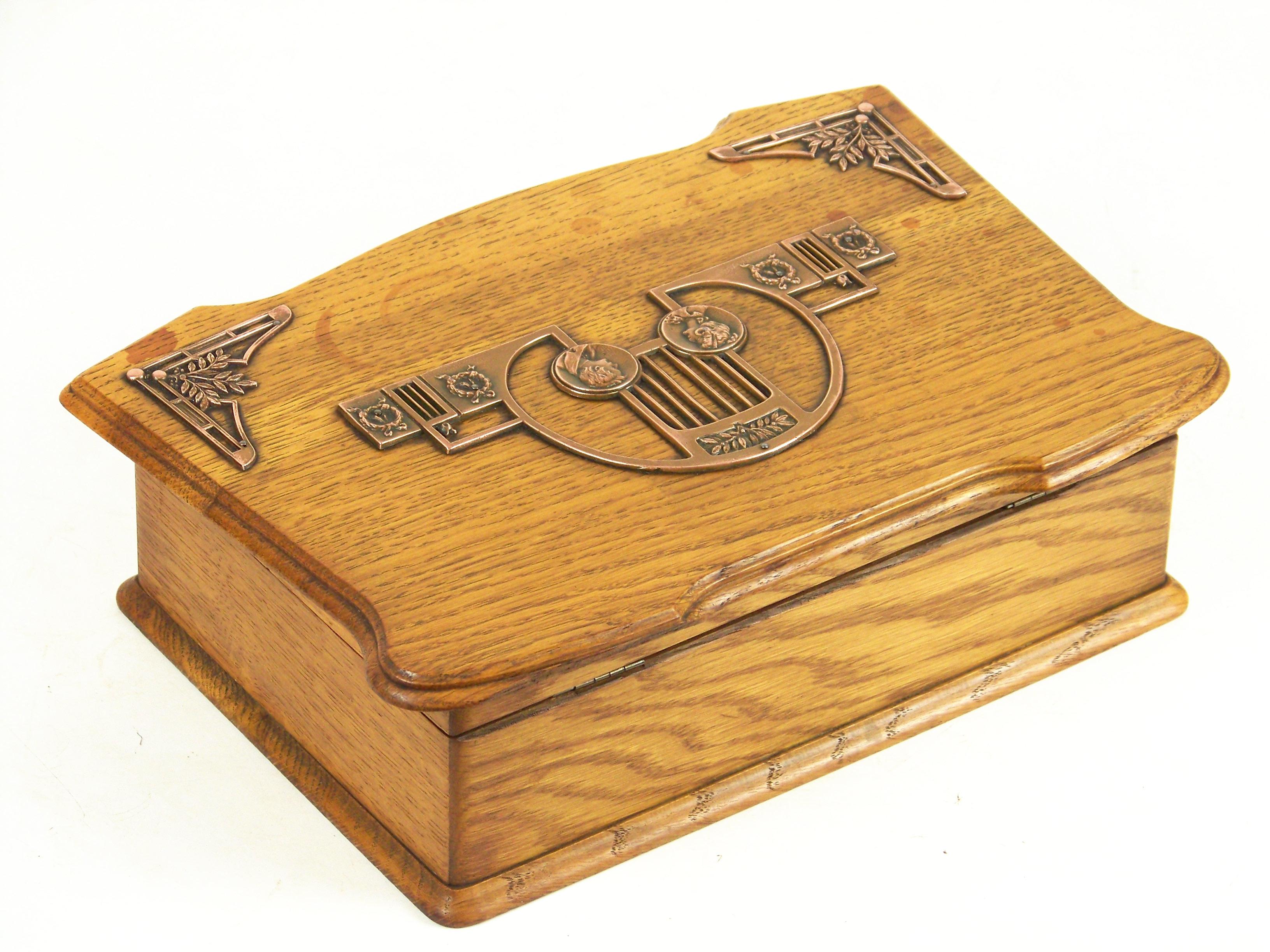 Oak wood, copper applications. Perfectly cleaned and polished.
