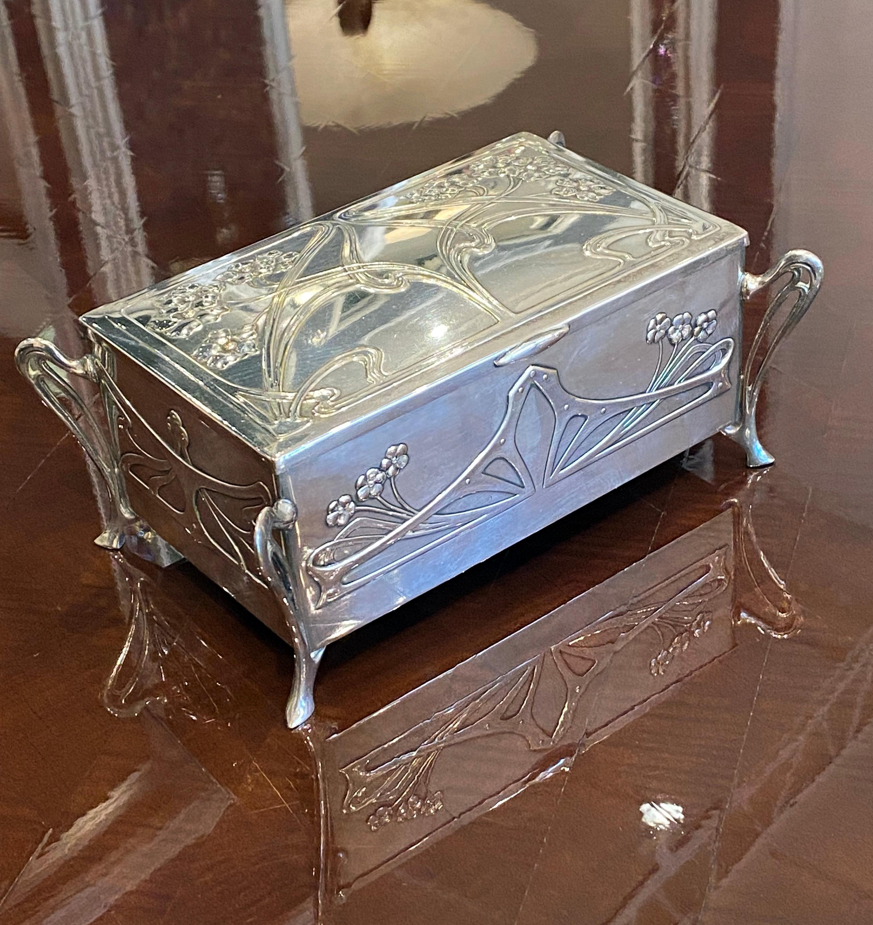 Art Nouveau silver-plated jewelry box by W.M.F.
Made in Germany
circa: 1905.
 