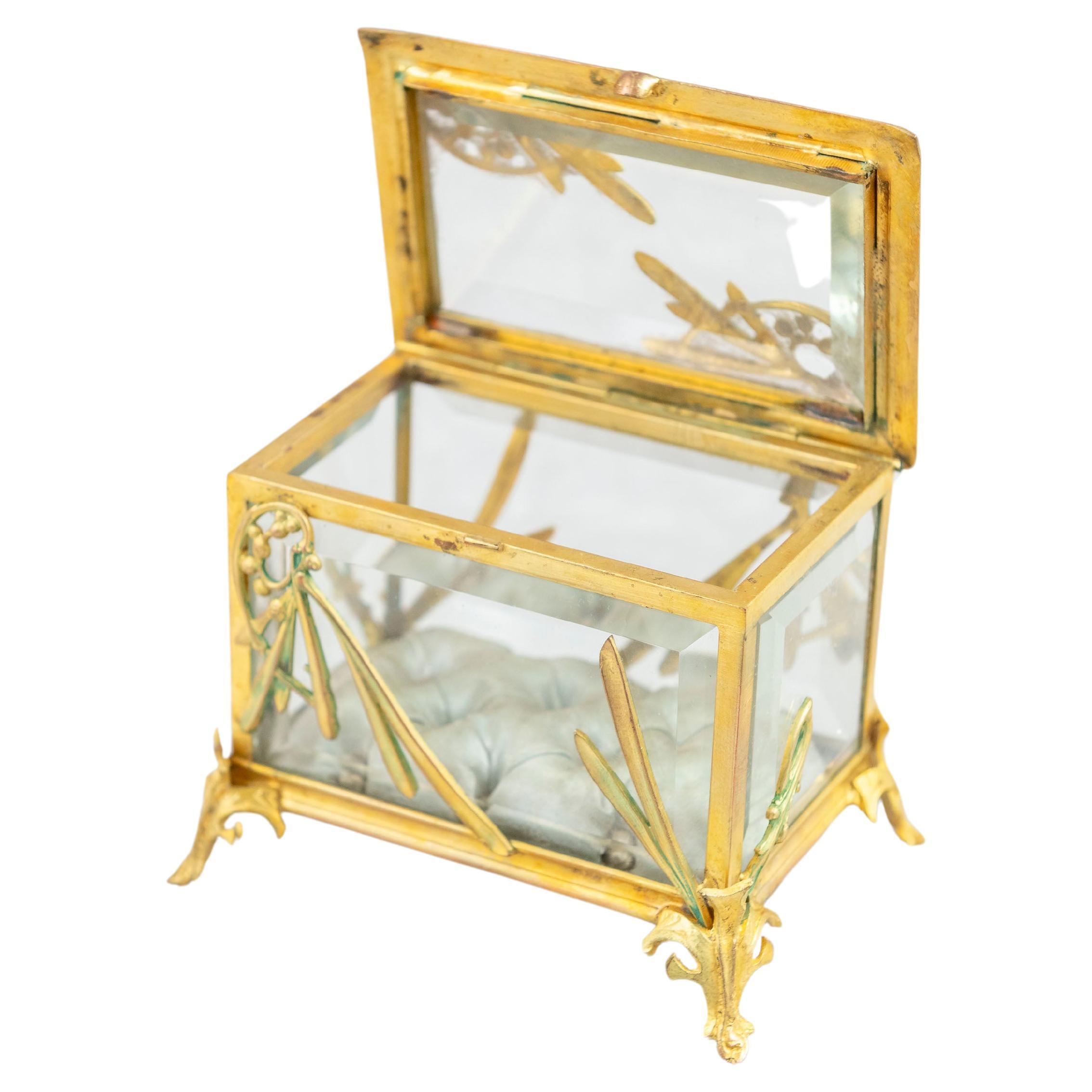 Art Nouveau Jewelry/Ring Box, French, Gilt Bronze, Beveled Glass, ca. 1910 For Sale