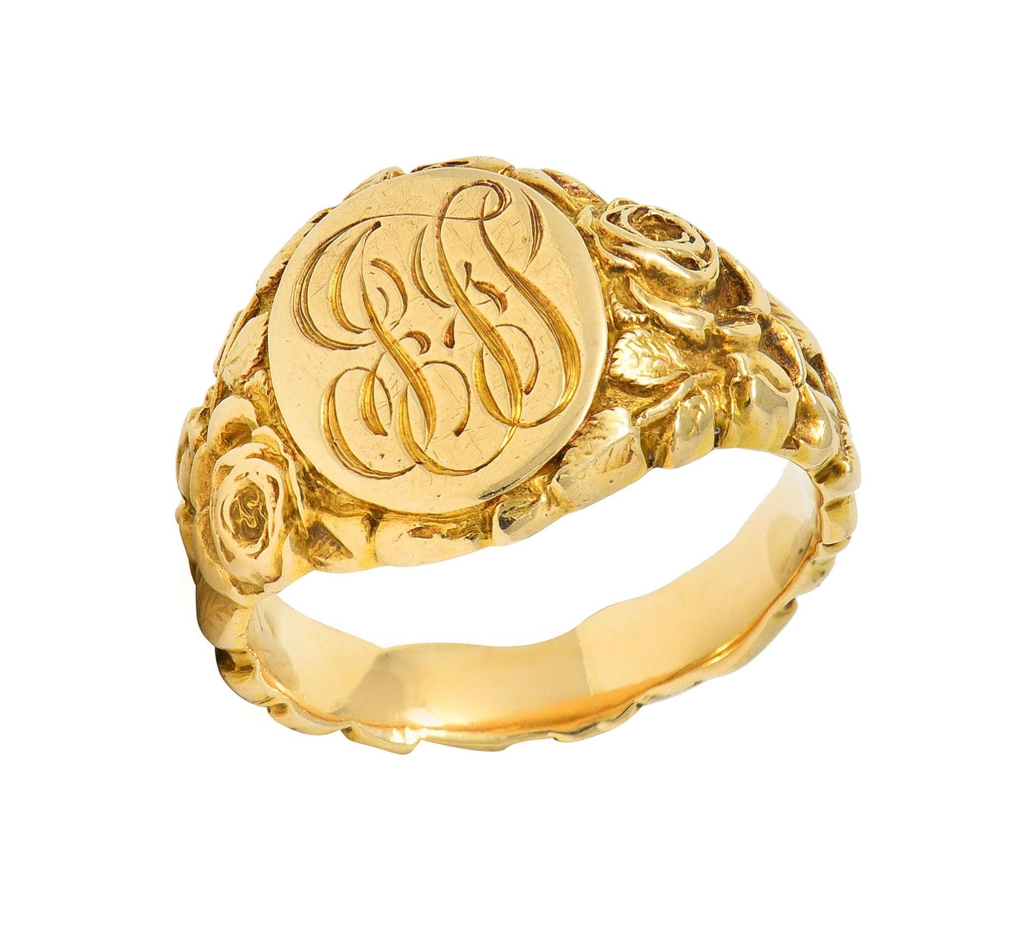Art Nouveau Jones & Woodland 14 Karat Yellow Gold Antique Rose Signet Ring For Sale 7