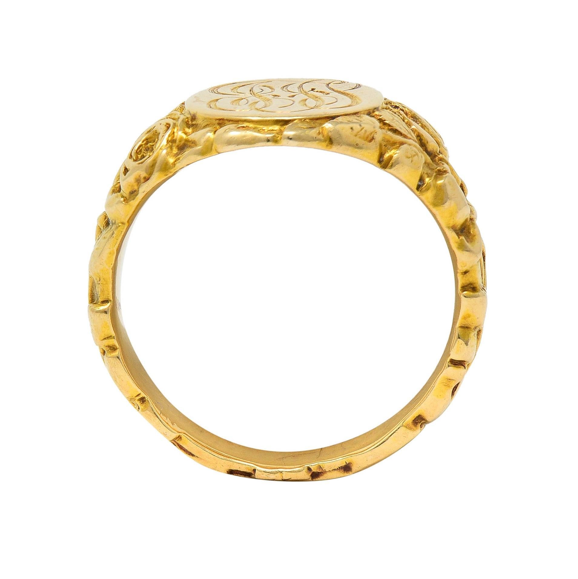 Art Nouveau Jones & Woodland 14 Karat Yellow Gold Antique Rose Signet Ring For Sale 8