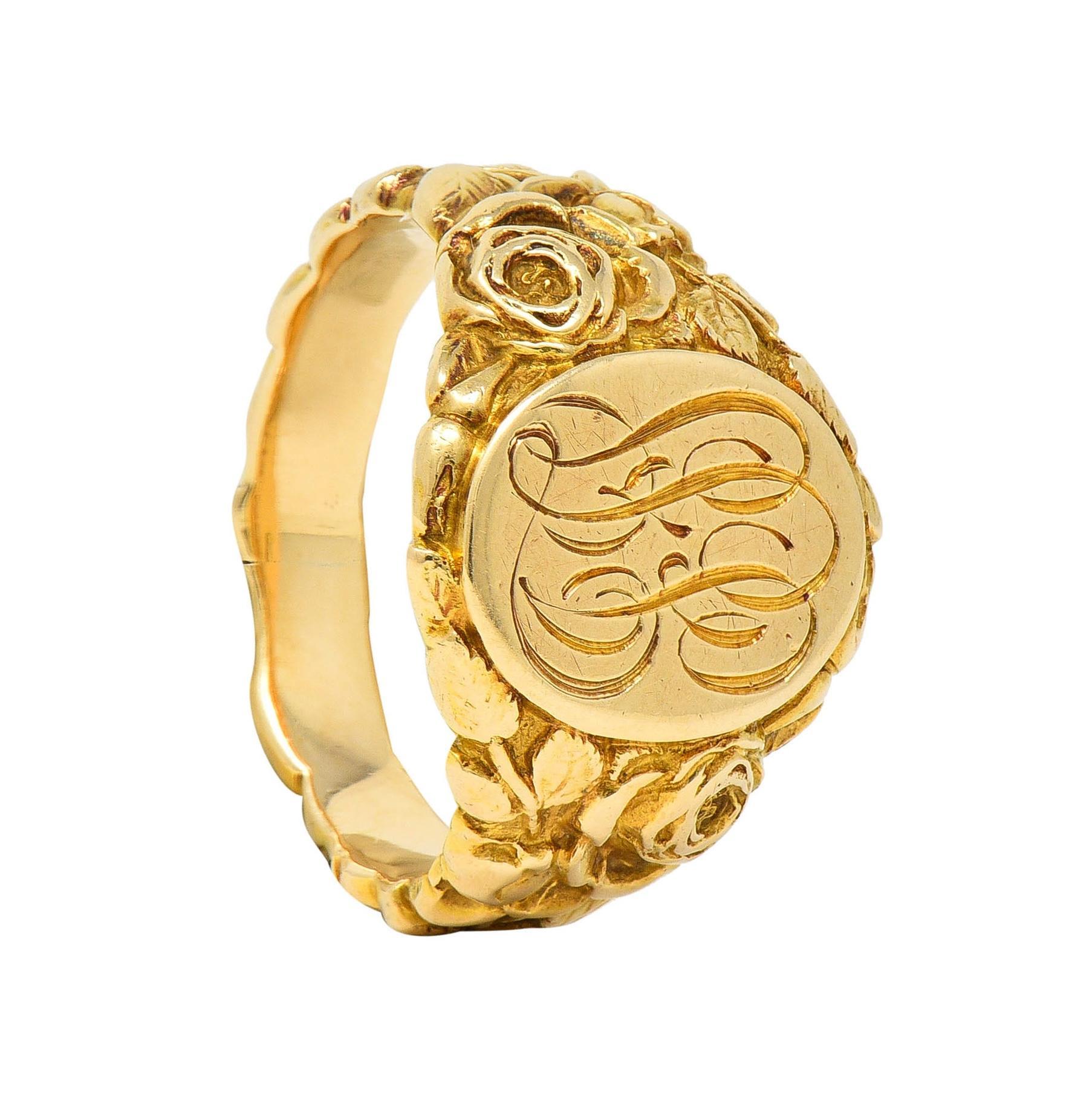 Art Nouveau Jones & Woodland 14 Karat Yellow Gold Antique Rose Signet Ring For Sale 9