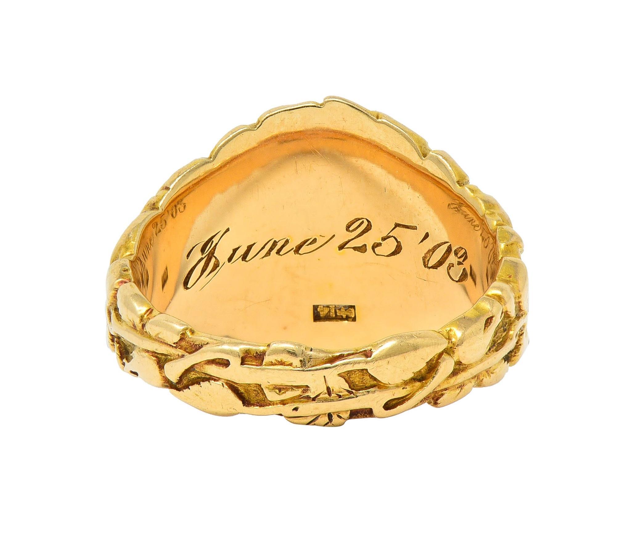 Art Nouveau Jones & Woodland 14 Karat Yellow Gold Antique Rose Signet Ring For Sale 1