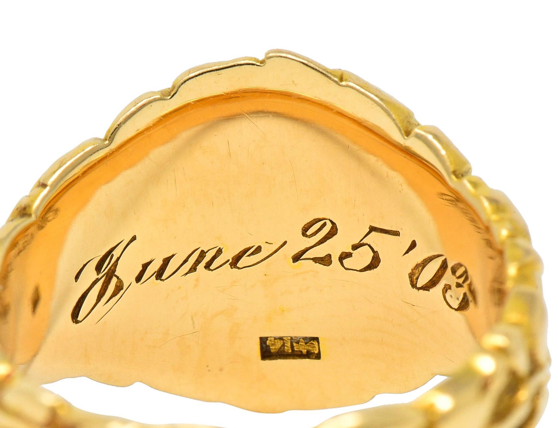 Art Nouveau Jones & Woodland 14 Karat Yellow Gold Antique Rose Signet Ring For Sale 4