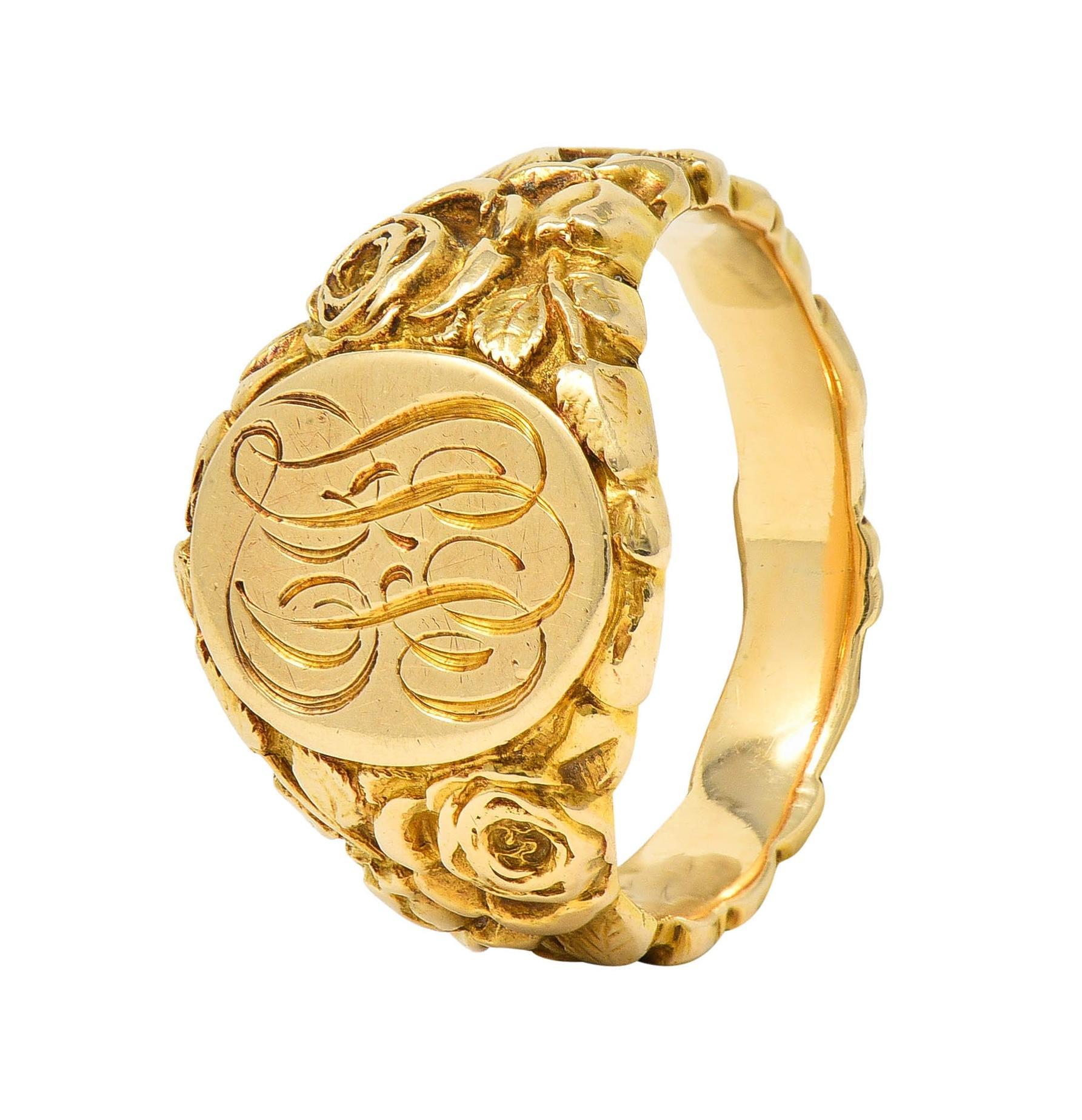 Art Nouveau Jones & Woodland 14 Karat Yellow Gold Antique Rose Signet Ring For Sale 5