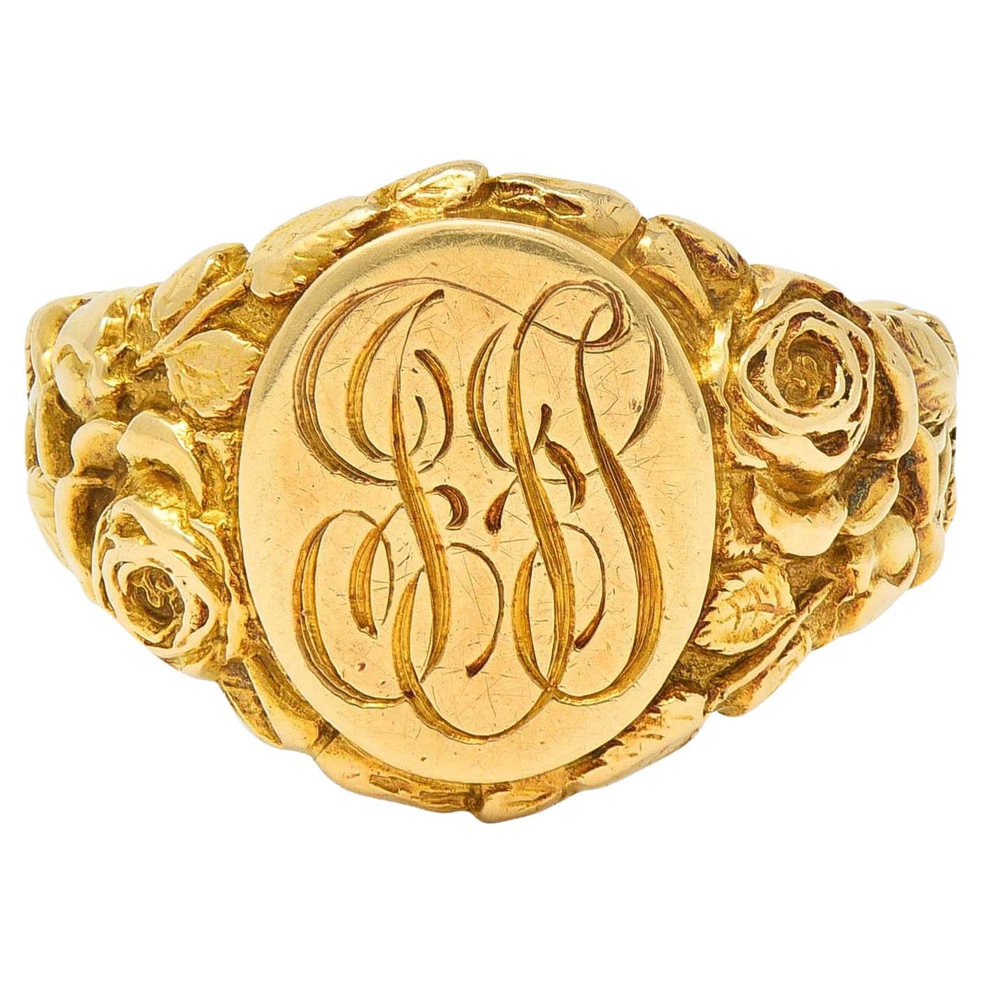 Art Nouveau Jones & Woodland 14 Karat Yellow Gold Antique Rose Signet Ring For Sale