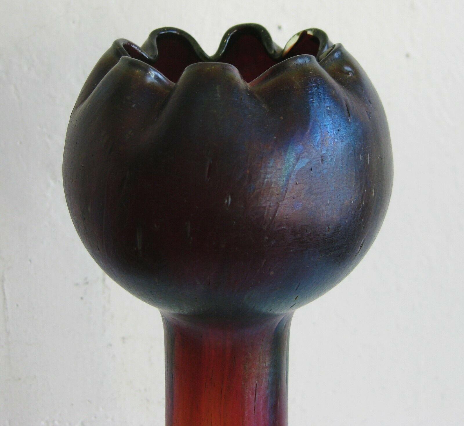 Seldom seen original Art Nouveau Czech Bohemian art glass studio vase made by Rindskopf and designed by Josef Rindskopf Shone. Pattern is Pepita and called the 