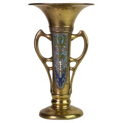 Art Nouveau Jugendstil Brass and Enamel Large Vase with Handles