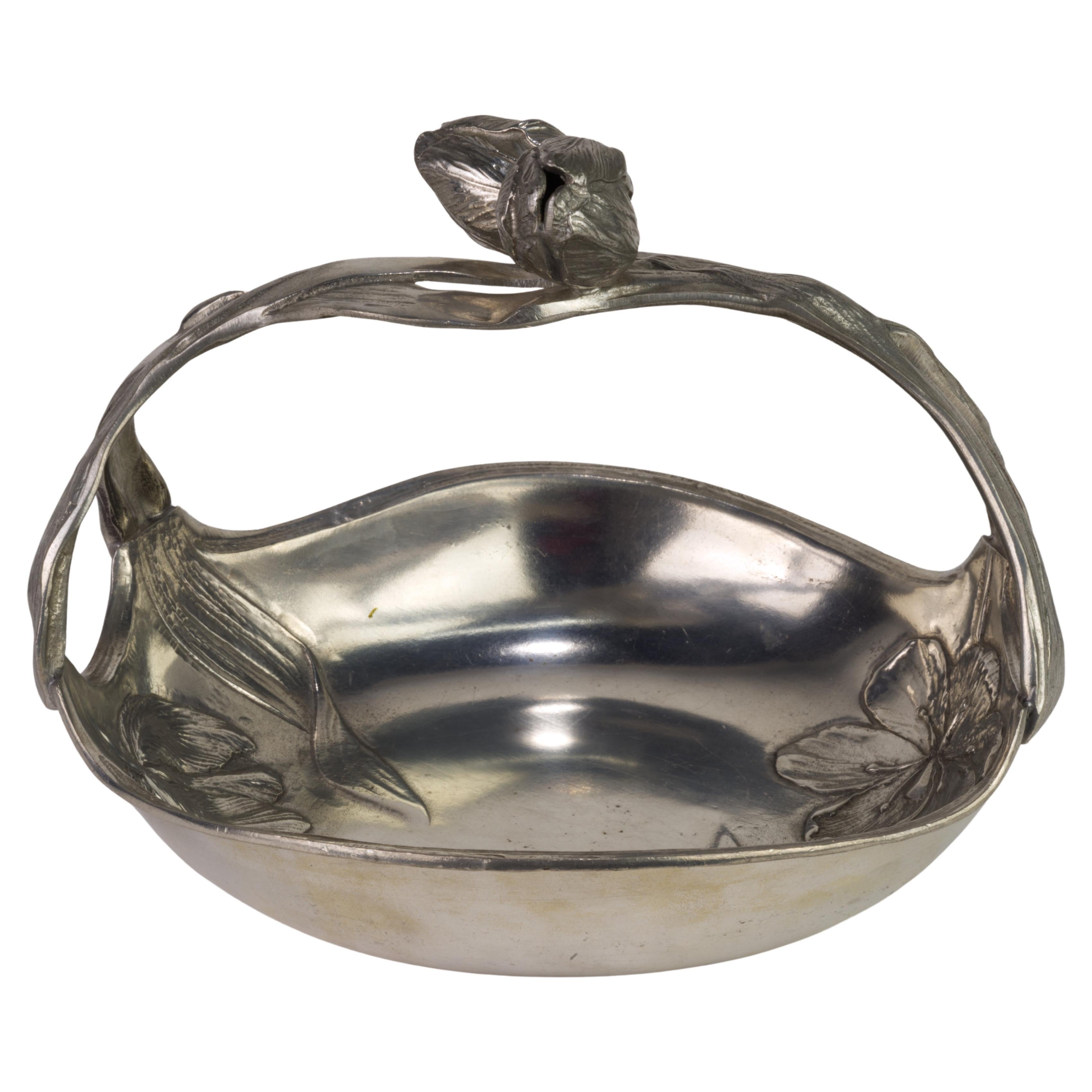 Art Nouveau Jugendstil Tulip Basket in Style of Achille Gamba, Pewter, Italy  For Sale