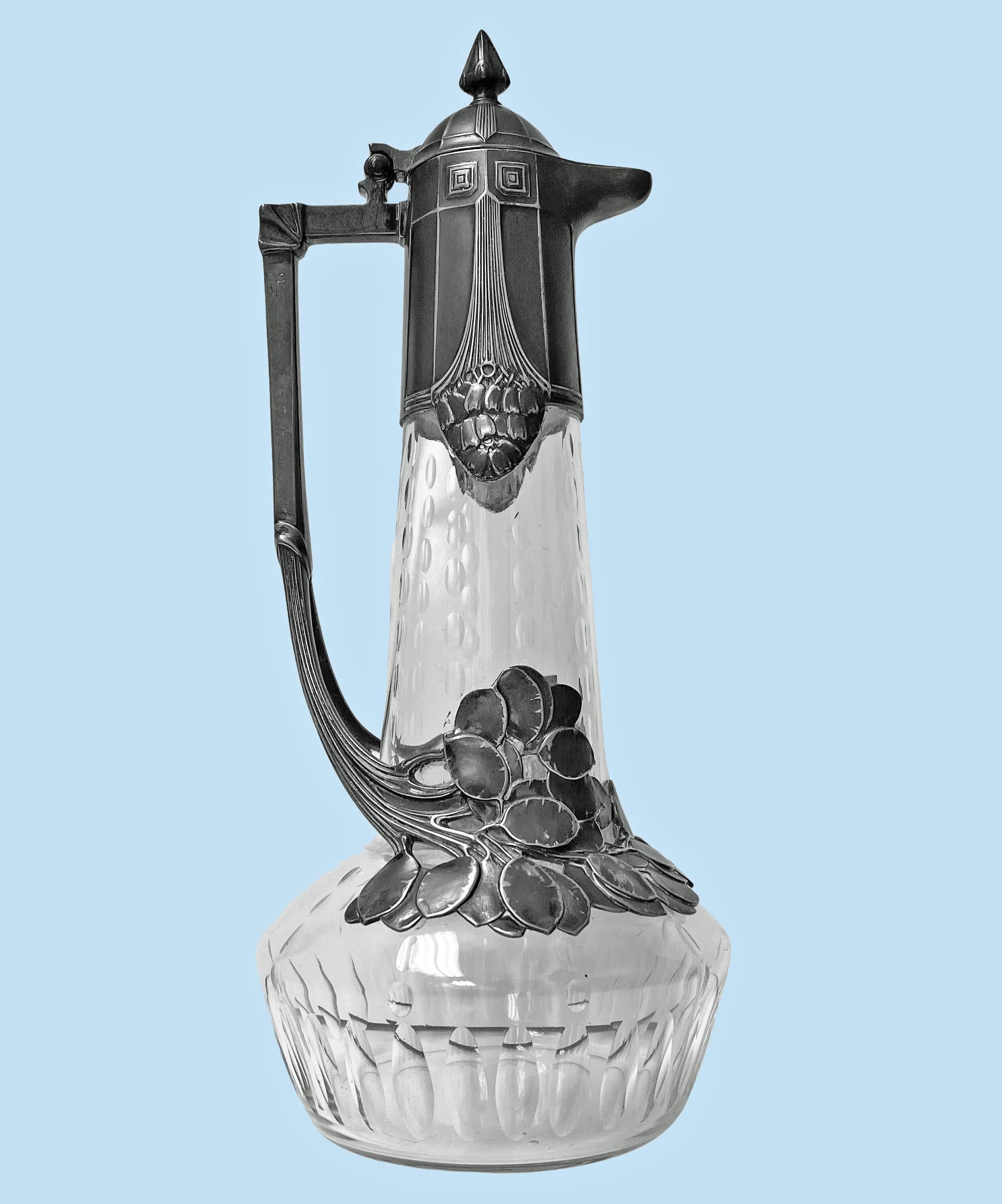 Art Nouveau Jugendstil WMF Pewter and Etched Glass Claret Jug Germany C.1909 In Good Condition In Toronto, Ontario