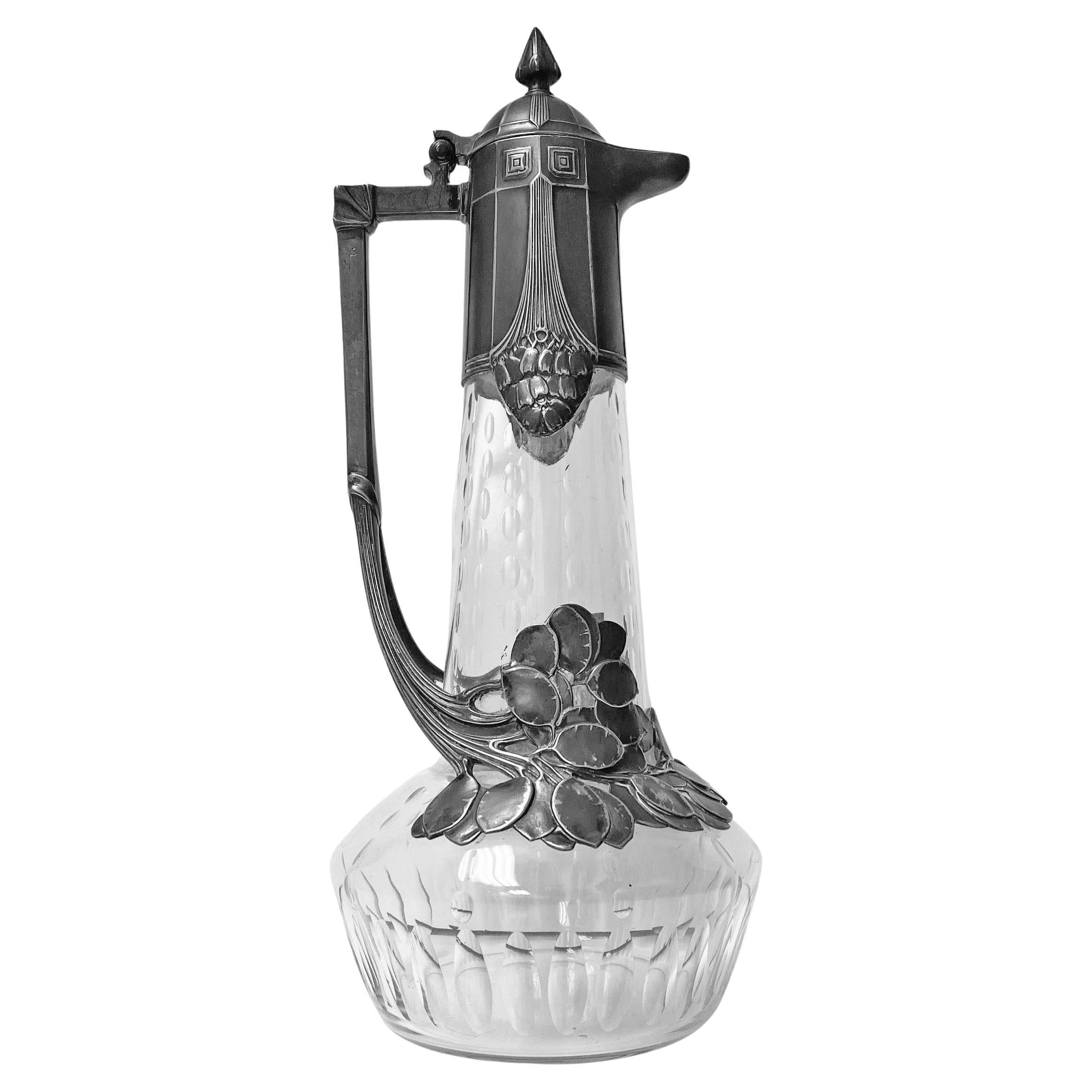 Art Nouveau Jugendstil WMF Pewter and Etched Glass Claret Jug Germany C.1909