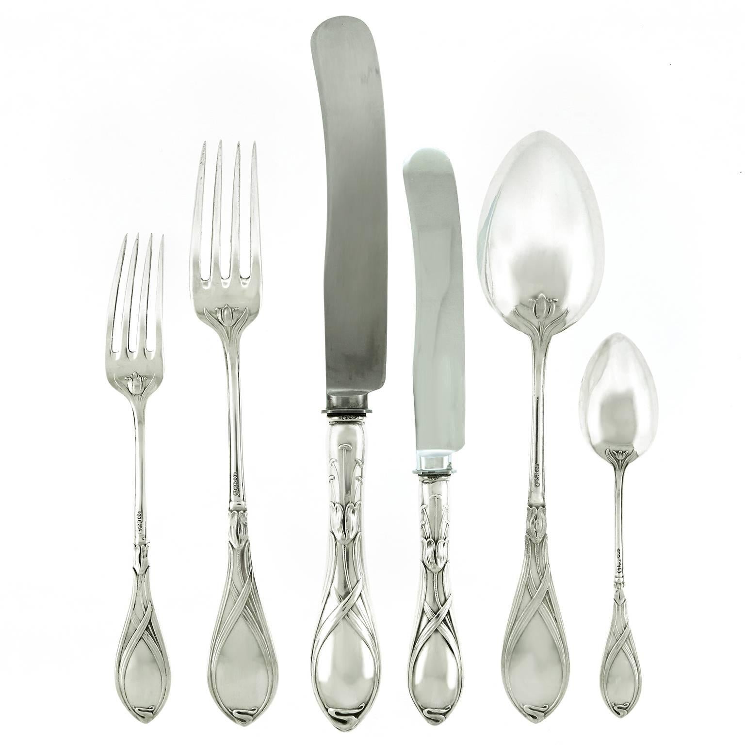 20th Century Art Nouveau/Jugenstil Sterling Flatware Set For Sale