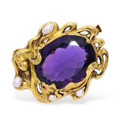 Art Nouveau Kohn 14k Yellow Gold Nymph with Amethyst & Pearl Brooch