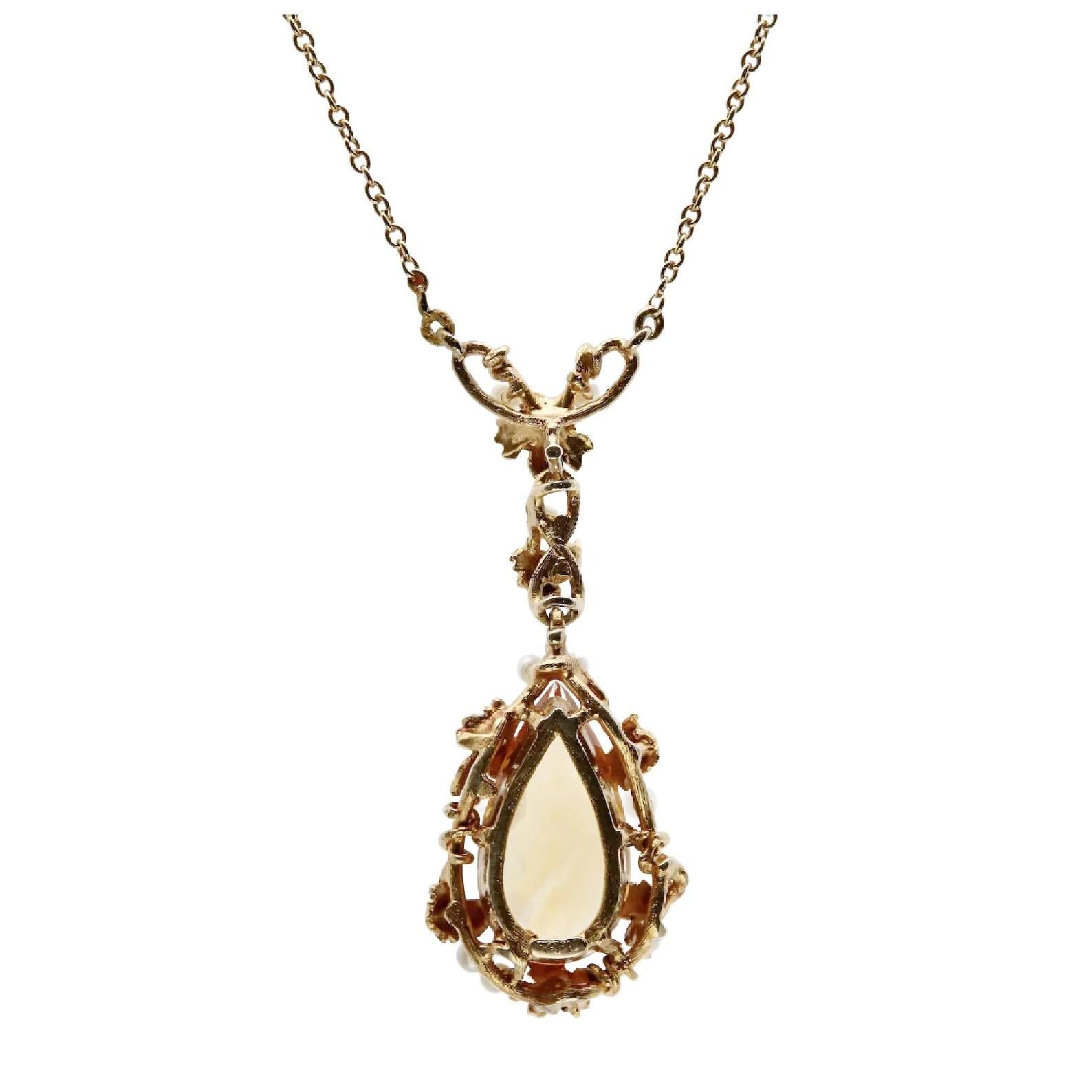 Pear Cut Art Nouveau Kohn & Sons Precious Topaz and Pearl Leaf Motif Pendant Necklace For Sale