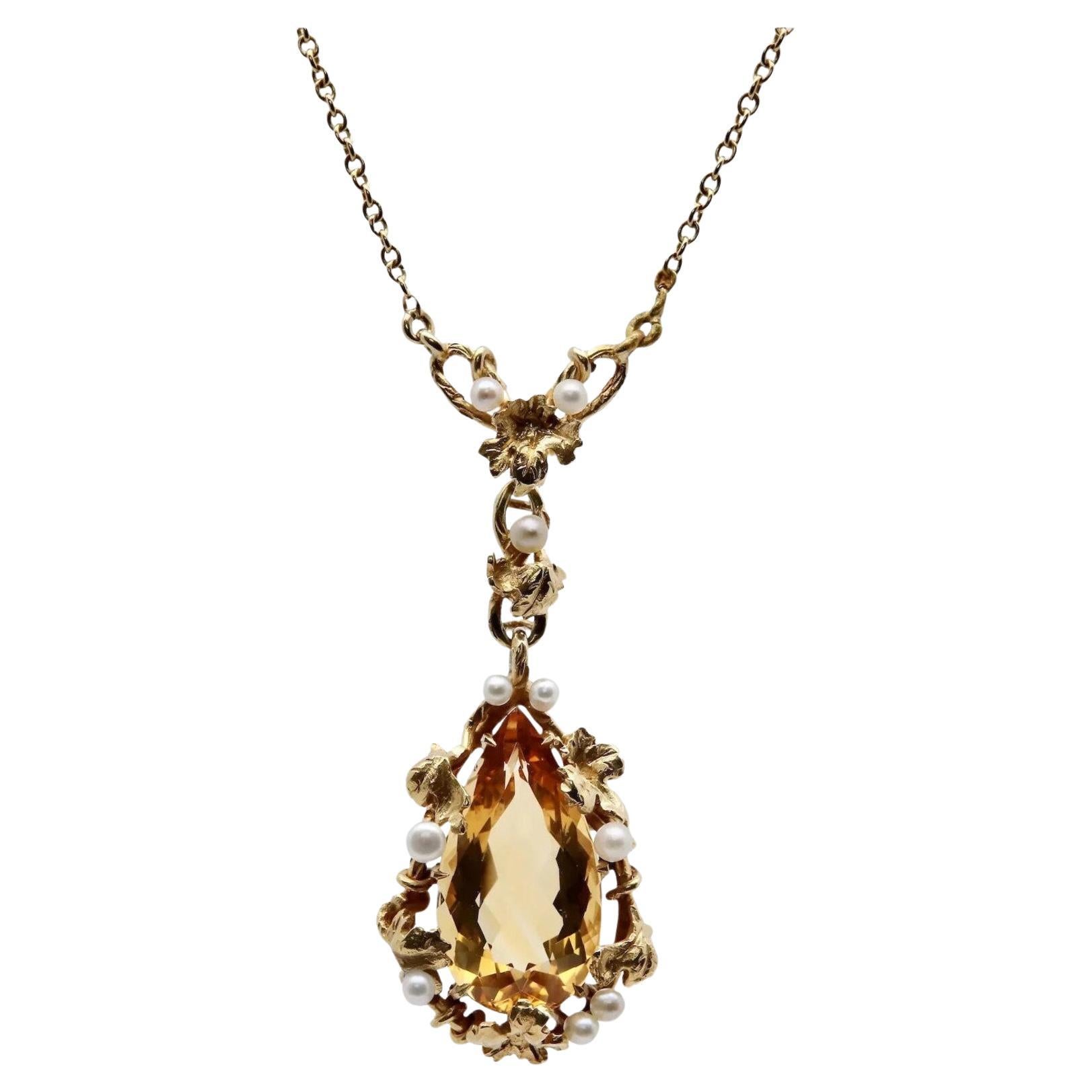 Art Nouveau Kohn & Sons Precious Topaz and Pearl Leaf Motif Pendant Necklace For Sale