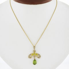 Art Nouveau Krementz 14k Gold Peridot Pearl & Enamel Dangle Lavalier Pendant
