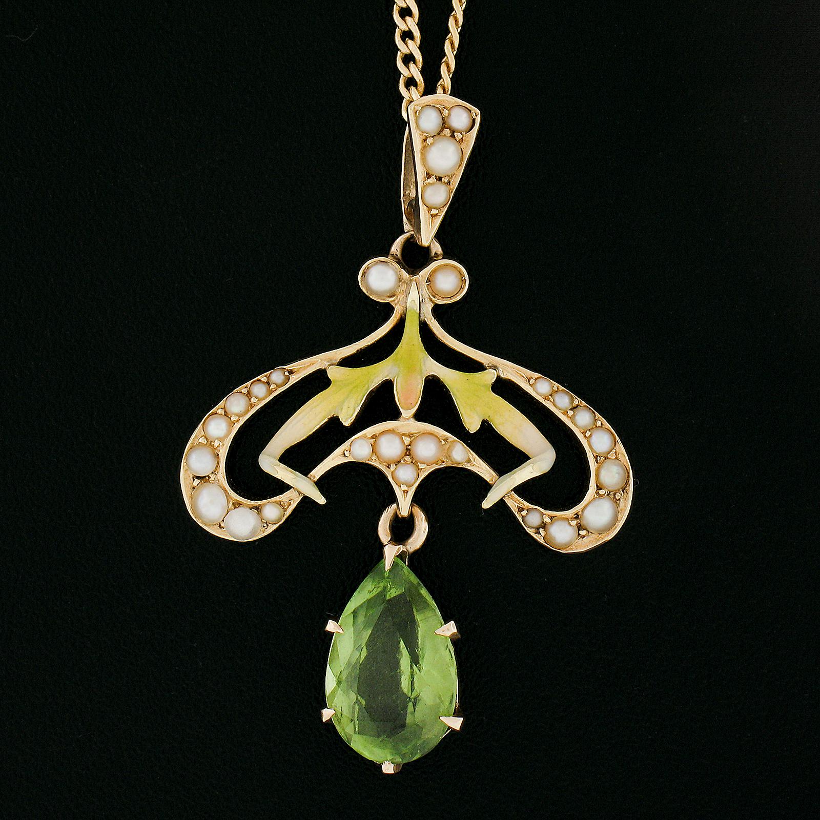 Pear Cut Art Nouveau Krementz 14k Gold Peridot Pearl & Enamel Dangle Lavalier Pendant For Sale