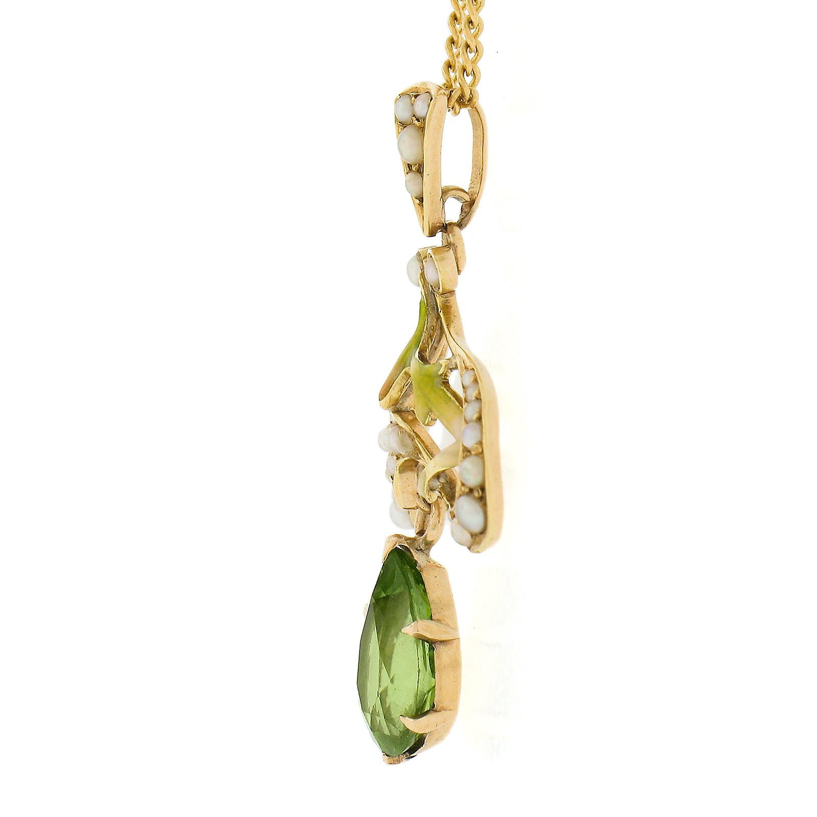 Women's Art Nouveau Krementz 14k Gold Peridot Pearl & Enamel Dangle Lavalier Pendant For Sale