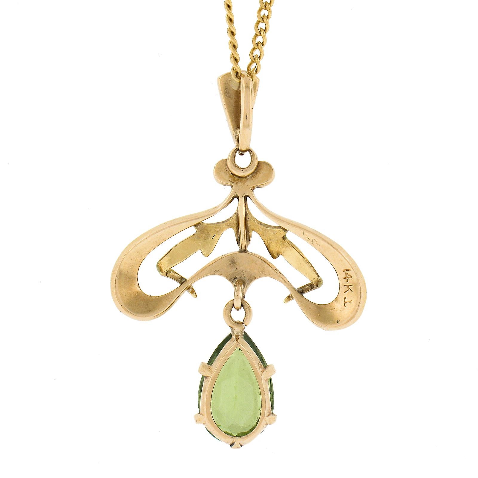 Art Nouveau Krementz 14k Gold Peridot Pearl & Enamel Dangle Lavalier Pendant For Sale 1