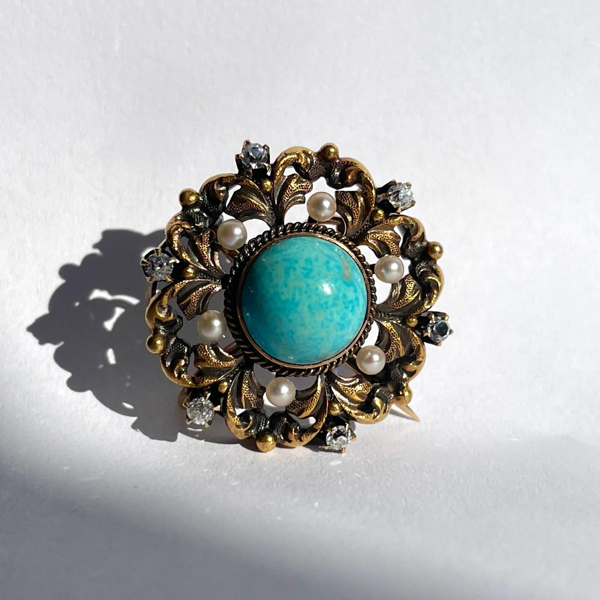 Round Cut Art Nouveau Krementz Turquoise, Mine Cut Diamond, and Pearl Pendant Brooch in 14 For Sale