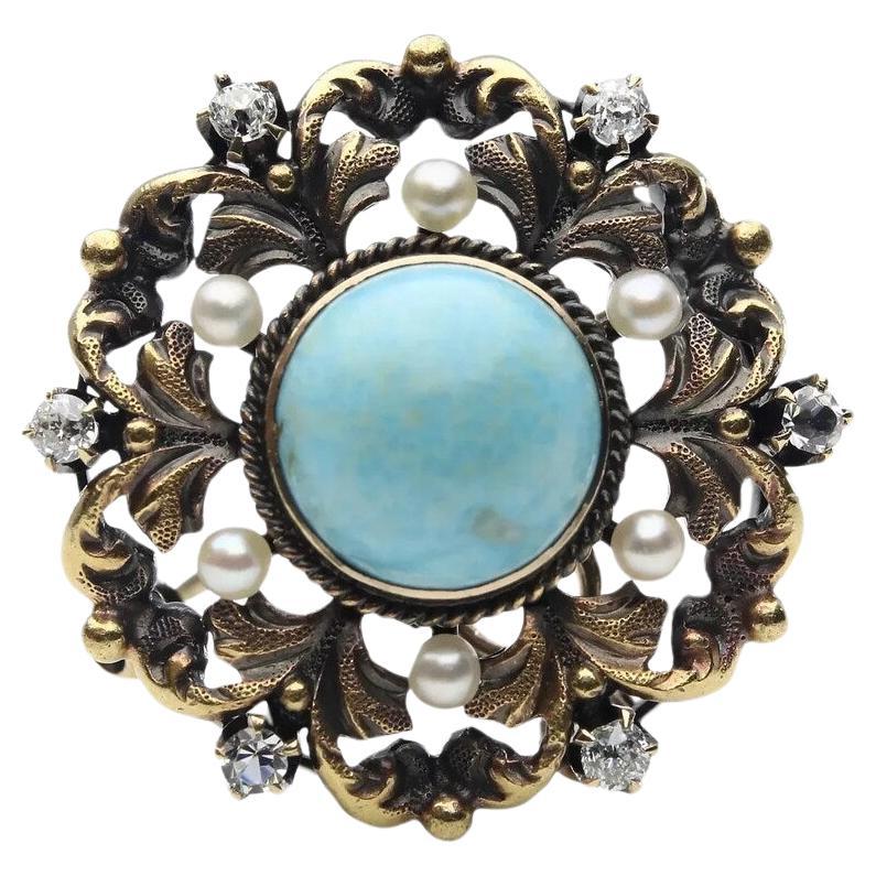 Art Nouveau Krementz Turquoise, Mine Cut Diamond, and Pearl Pendant Brooch in 14 For Sale