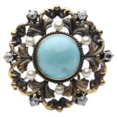 Antique Art Nouveau Krementz Turquoise, Mine Cut Diamond, and Pearl Pendant Brooch in 14