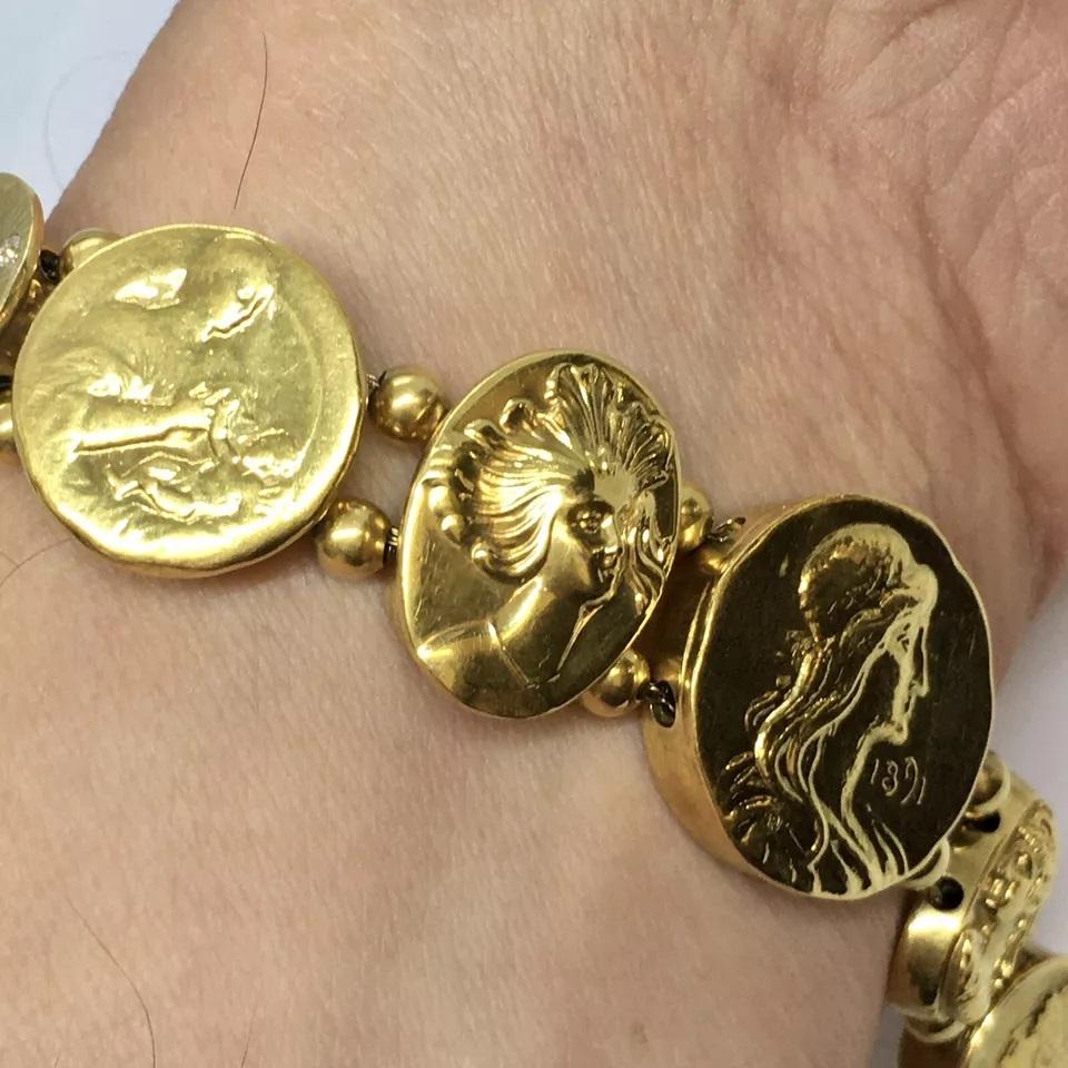 Art Nouveau Ladies Pictorial Slide Bracelet 14K Gold 52.3 Gram 7.5 inch For Sale 6