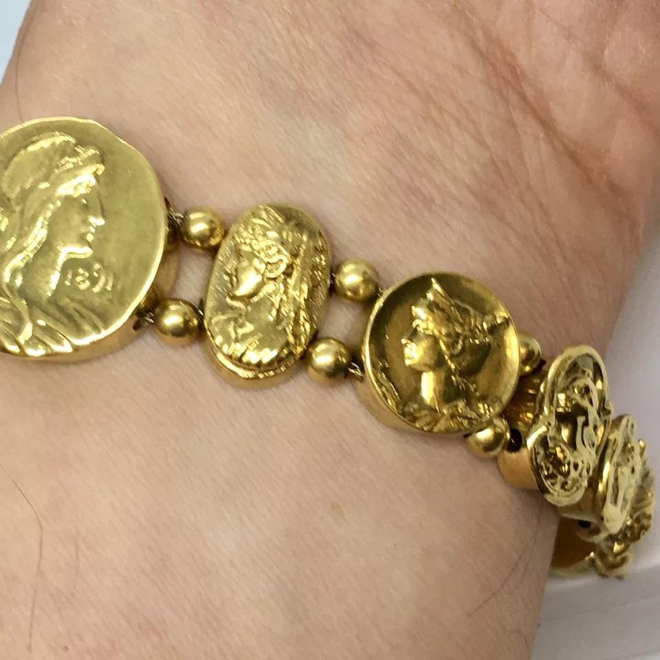 Art Nouveau Ladies Pictorial Slide Bracelet 14K Gold 52.3 Gram 7.5 inch For Sale 8