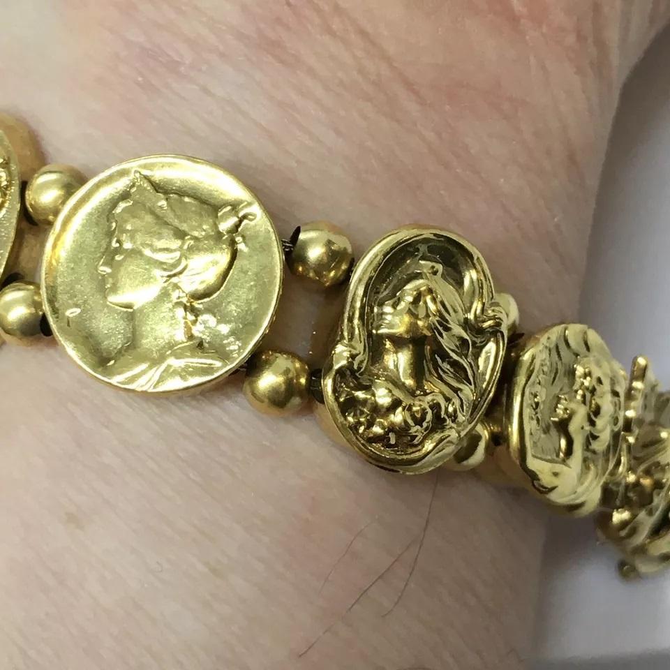 Art Nouveau Ladies Pictorial Slide Bracelet 14K Gold 52.3 Gram 7.5 inch For Sale 9