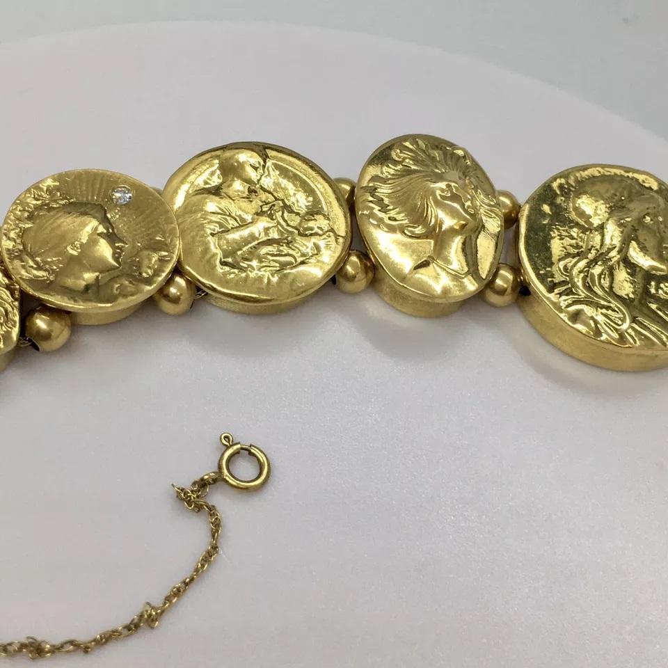 Art Nouveau Ladies Pictorial Slide Bracelet 14K Gold 52.3 Gram 7.5 inch In Good Condition For Sale In Los Angeles, CA