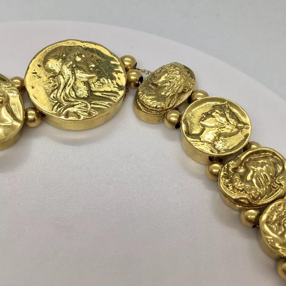 Women's Art Nouveau Ladies Pictorial Slide Bracelet 14K Gold 52.3 Gram 7.5 inch For Sale