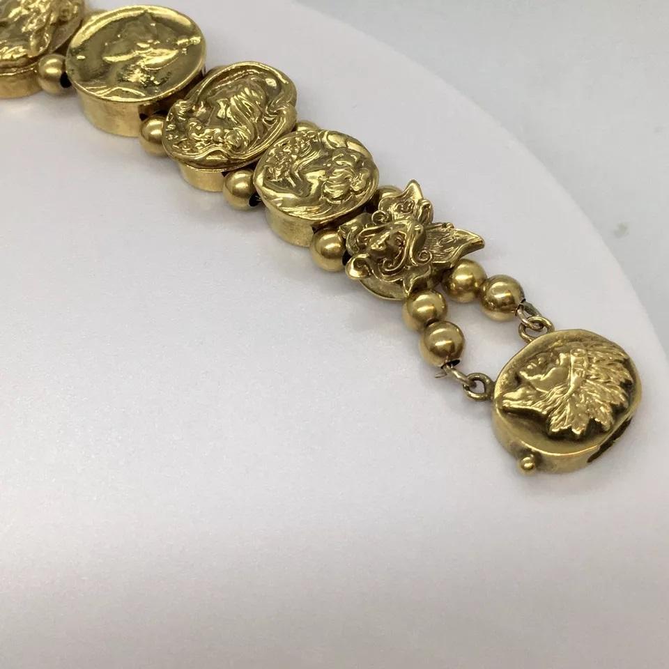 Art Nouveau Ladies Pictorial Slide Bracelet 14K Gold 52.3 Gram 7.5 inch For Sale 1
