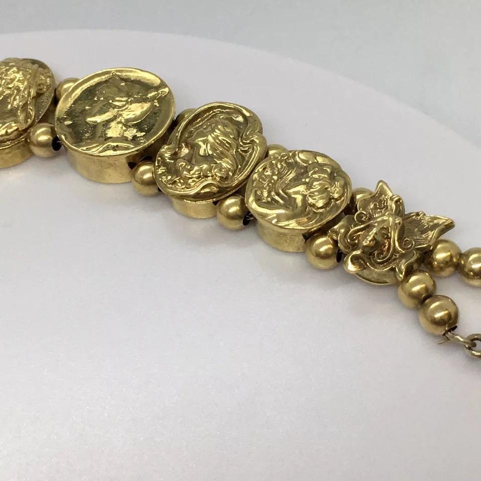 Art Nouveau Ladies Pictorial Slide Bracelet 14K Gold 52.3 Gram 7.5 inch For Sale 2