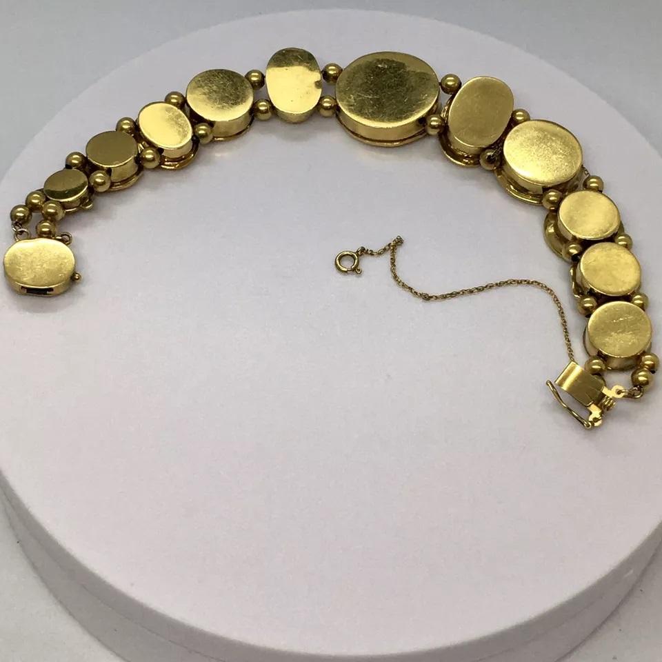 Art Nouveau Ladies Pictorial Slide Bracelet 14K Gold 52.3 Gram 7.5 inch For Sale 3