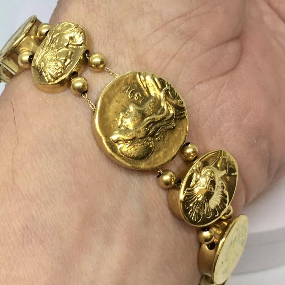 Art Nouveau Ladies Pictorial Slide Bracelet 14K Gold 52.3 Gram 7.5 inch For Sale 4