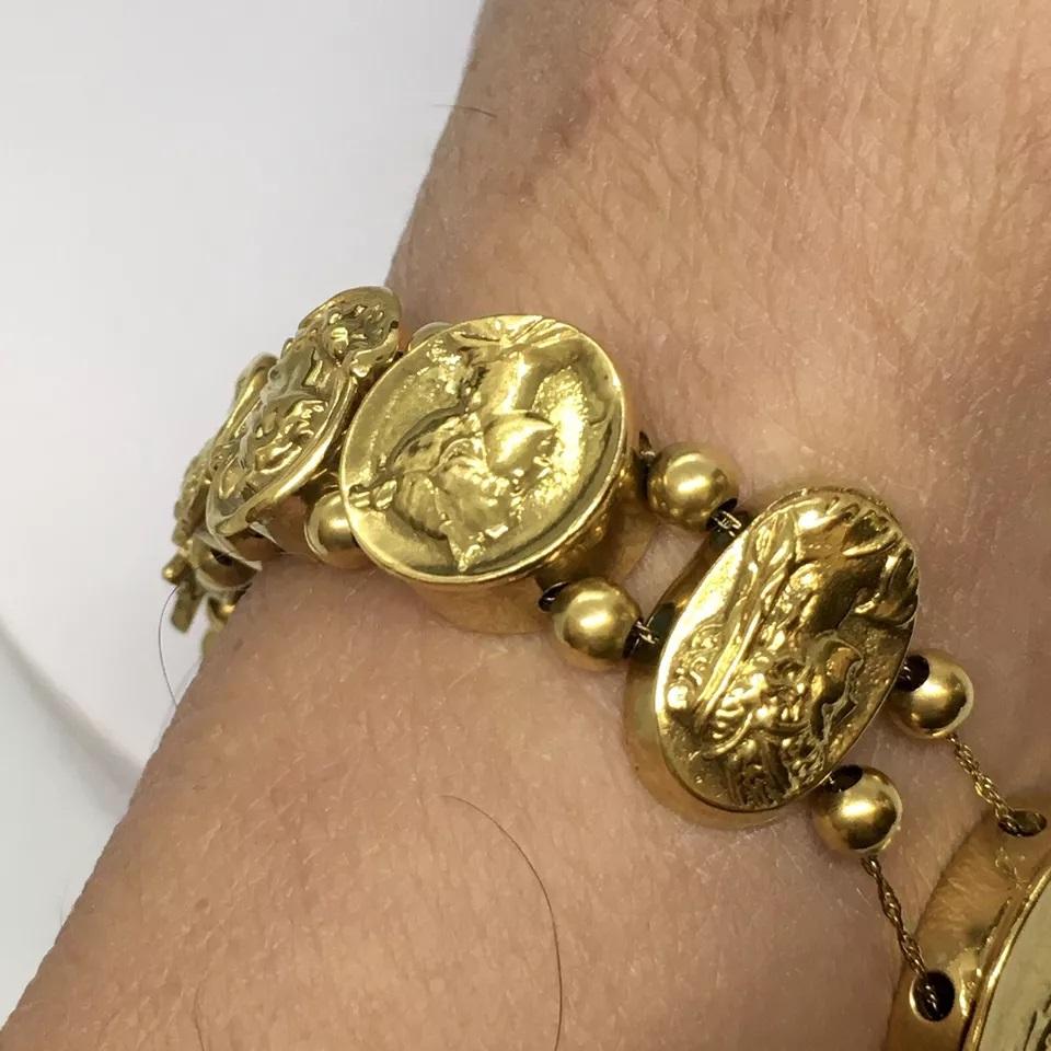 Art Nouveau Ladies Pictorial Slide Bracelet 14K Gold 52.3 Gram 7.5 inch For Sale 5