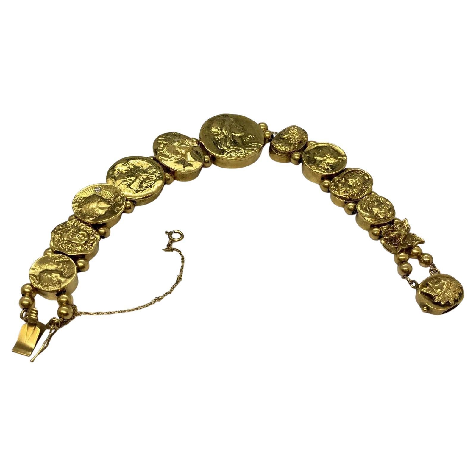 Art Nouveau Ladies Pictorial Slide Bracelet 14K Gold 52.3 Gram 7.5 inch For Sale