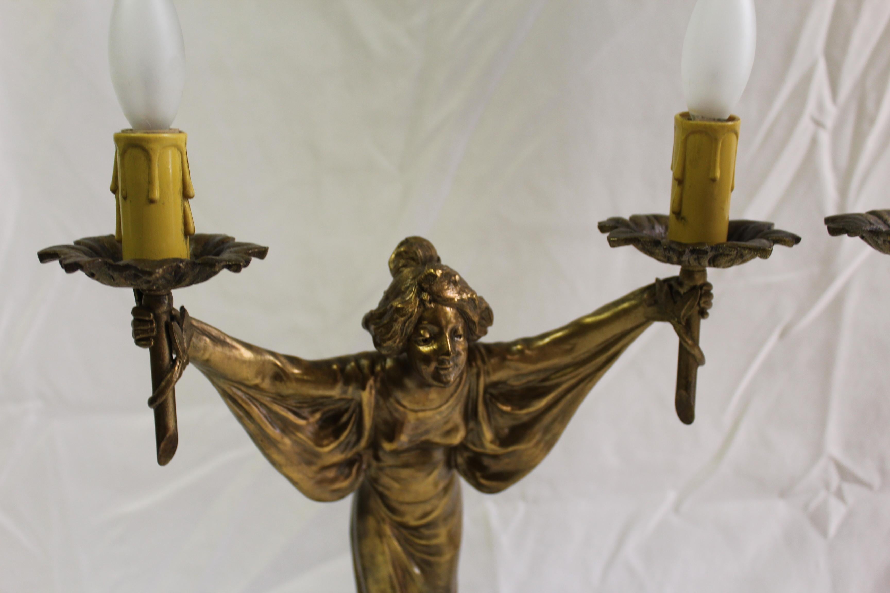 European Art Nouveau Lady Candelabras Antique For Sale