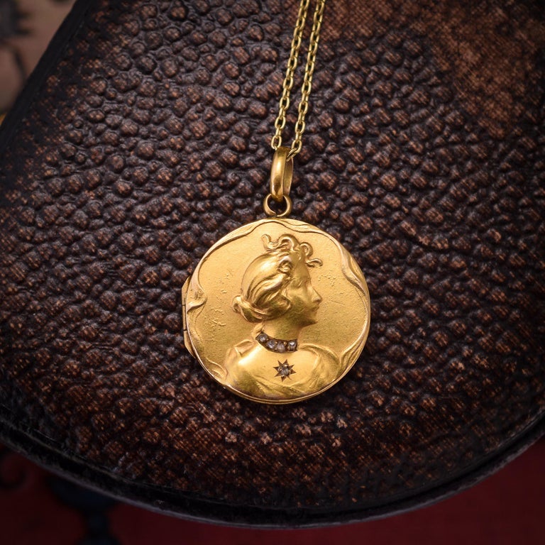 Art Nouveau Lady Diamond Round Locket at 1stDibs