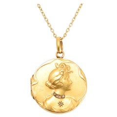 Antique Art Nouveau Lady Diamond Round Locket