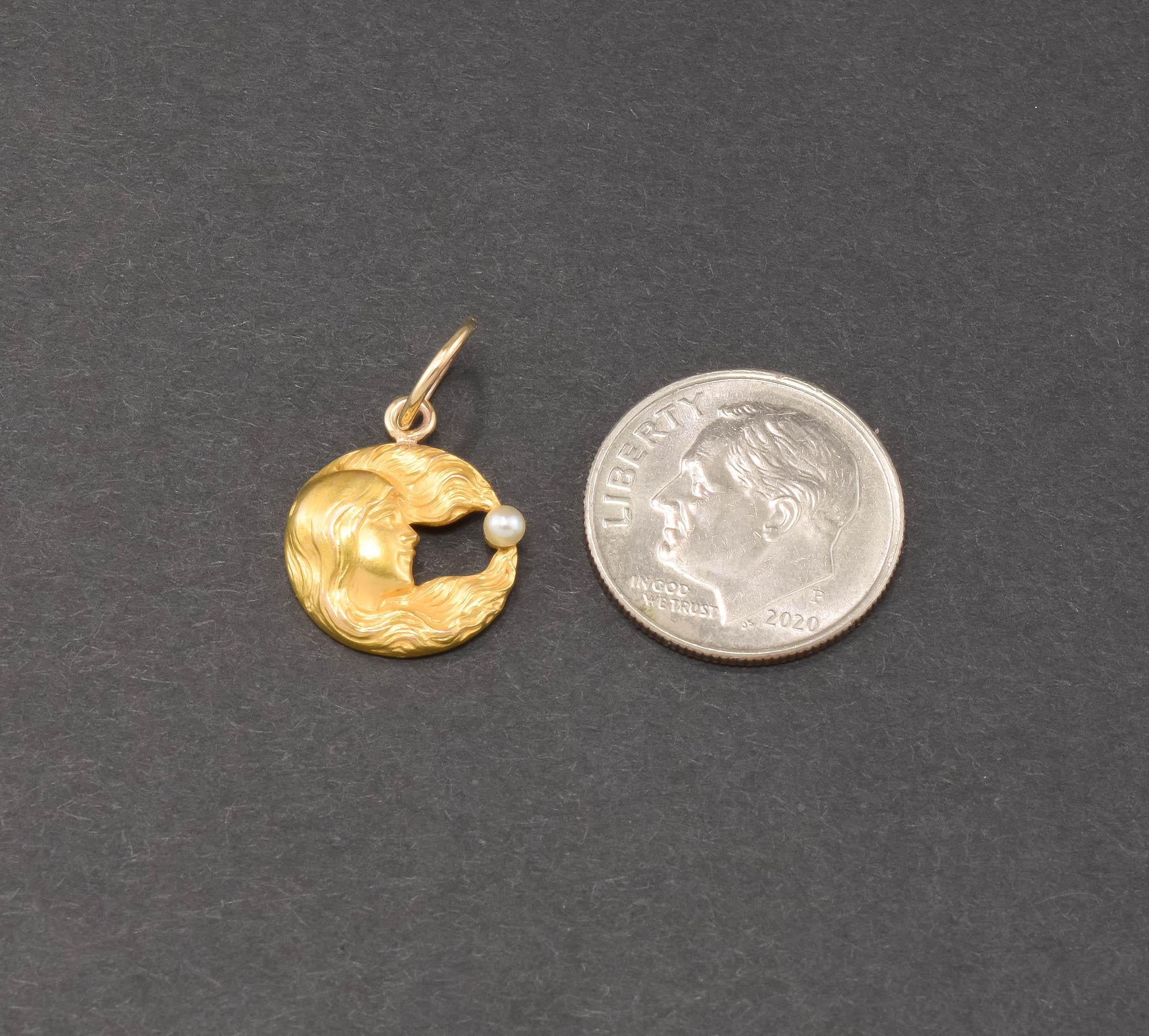 Art Nouveau Lady in the Moon Gold Charm Pendant with Pearl - Antique Conversion In Good Condition In Danvers, MA