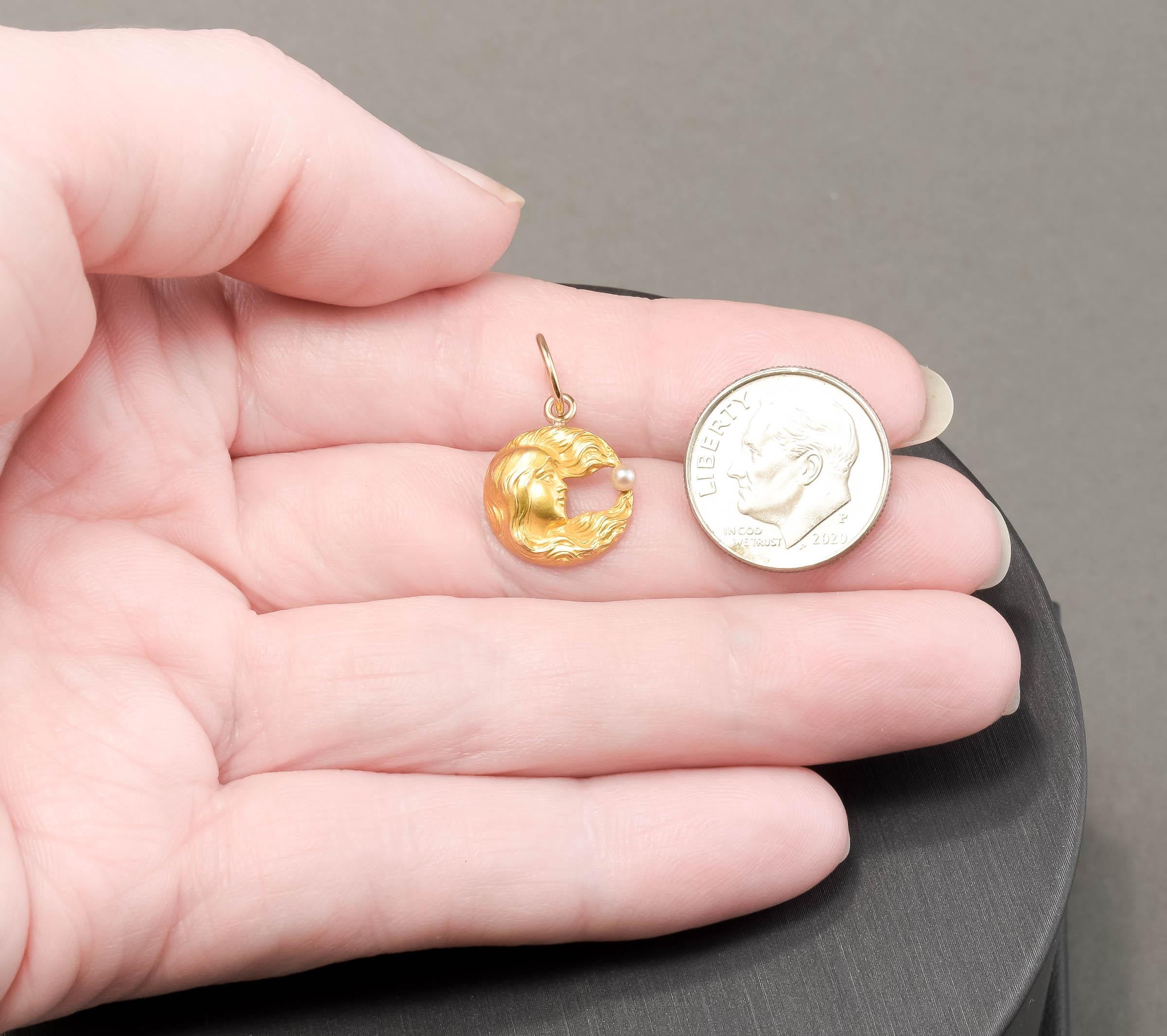 Art Nouveau Lady in the Moon Gold Charm Pendant with Pearl - Antique Conversion 1