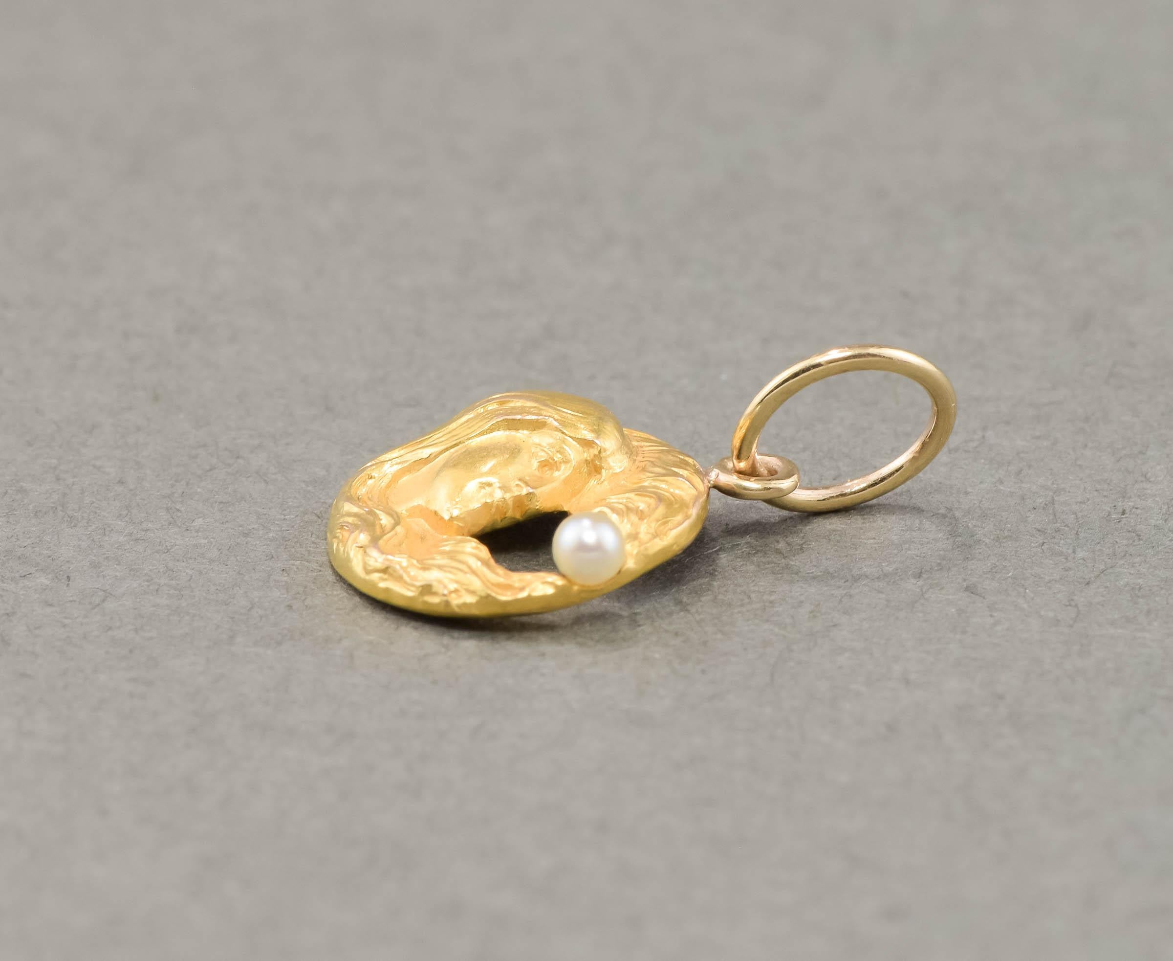Art Nouveau Lady in the Moon Gold Charm Pendant with Pearl - Antique Conversion 3