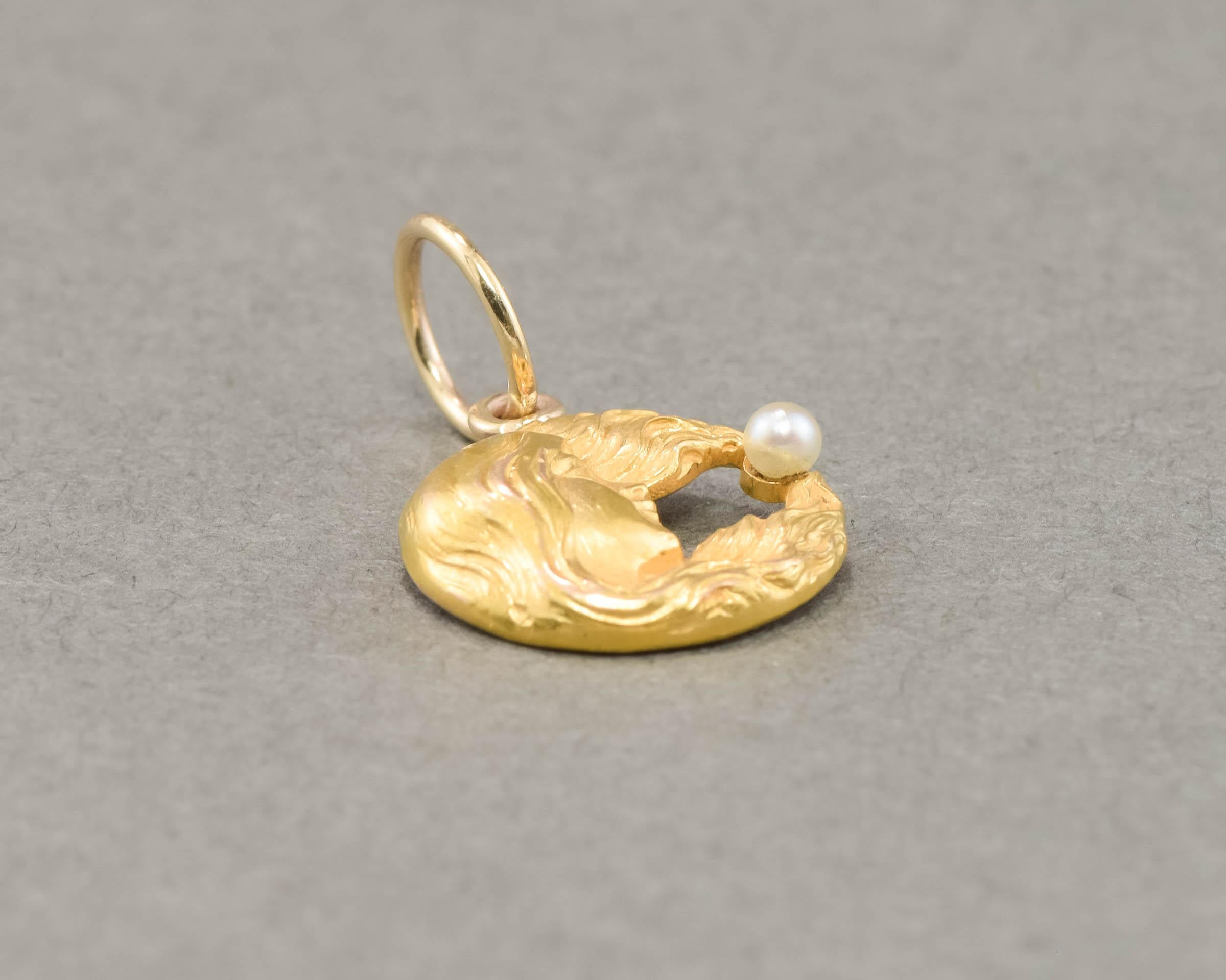 Art Nouveau Lady in the Moon Gold Charm Pendant with Pearl - Antique Conversion 4
