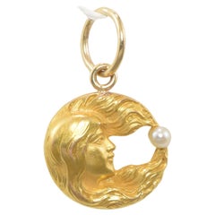 Art Nouveau Lady in the Moon Gold Charm Pendant with Pearl - Vintage Conversion