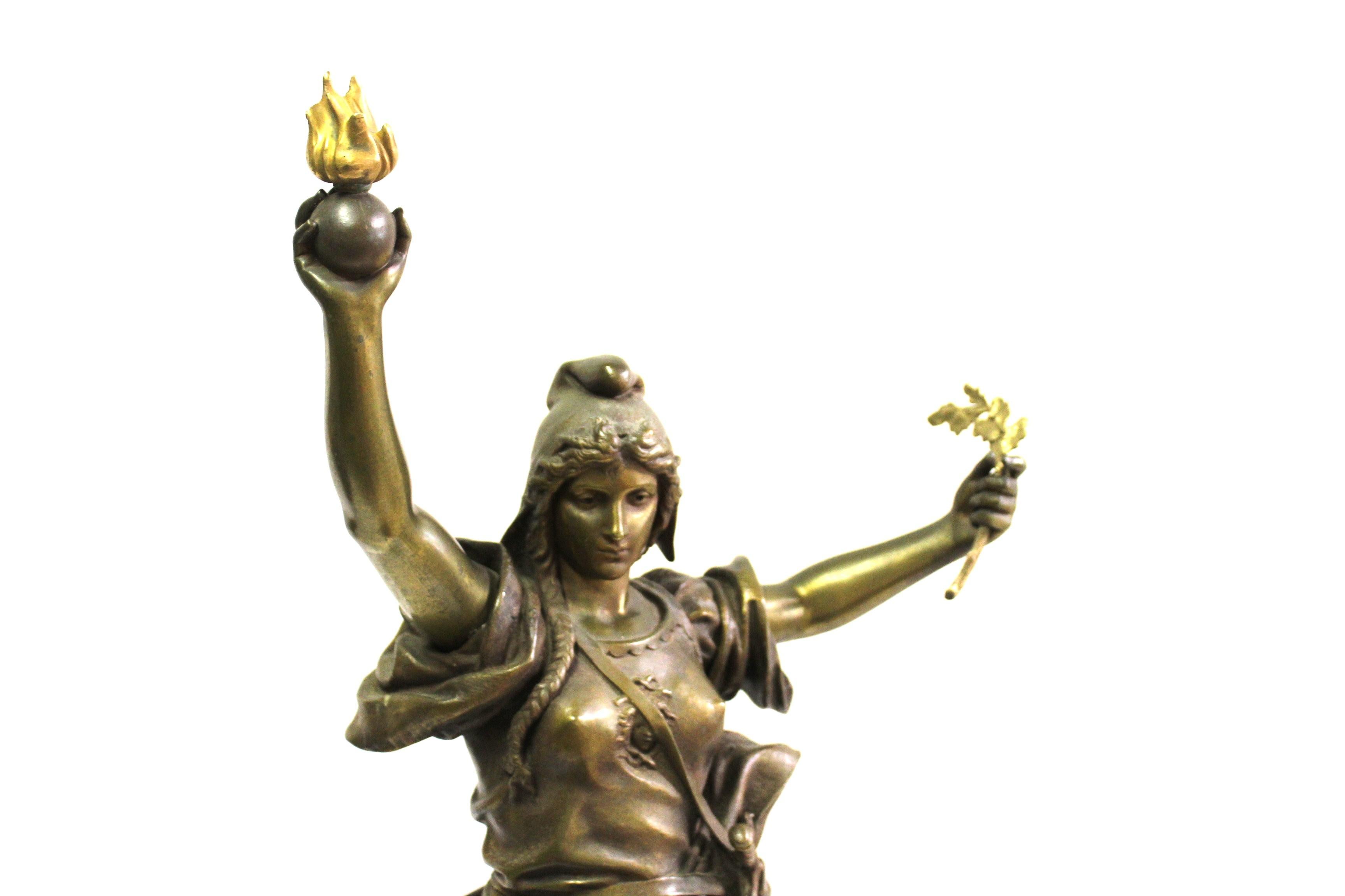 Art Nouveau standing lady chained to the globe with a sword. Gold medal winner. Signed on the base by the Artist (August Paris) Missing part in her right hand. Large sculpture at 33