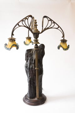 Art Nouveau, Lalique Style Monumental Lamp, Figural Lamp, Brass, Wood, Glass