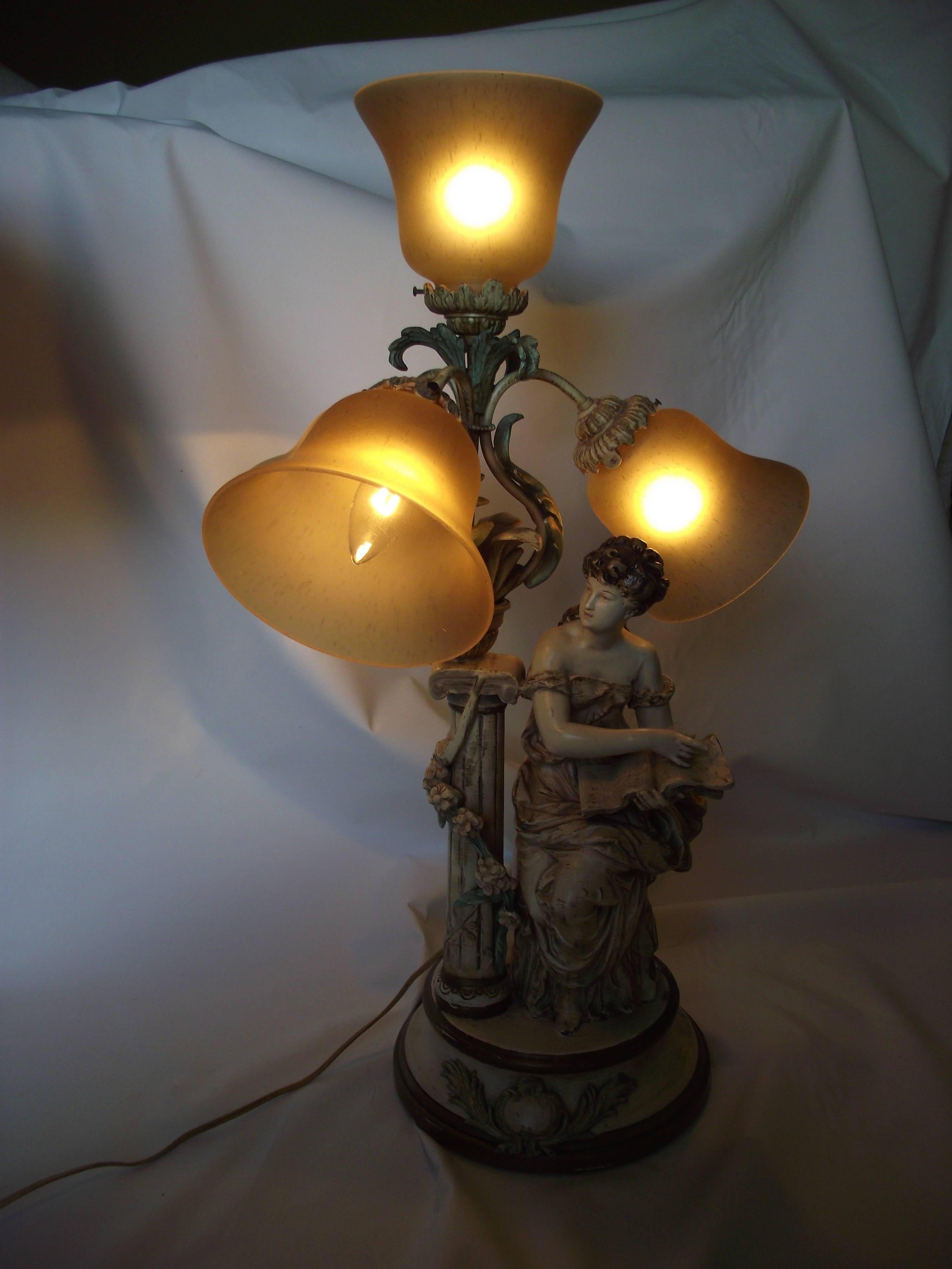 This beautiful Art Nouveau lamp represents Euterpe, Muse of Music. Original produced by brothers L & F Moreau the molds were hidden during WWII from the advancing Nazis army and forgotten. The molds were rediscovered by the JB Hirsh Company in 1948,