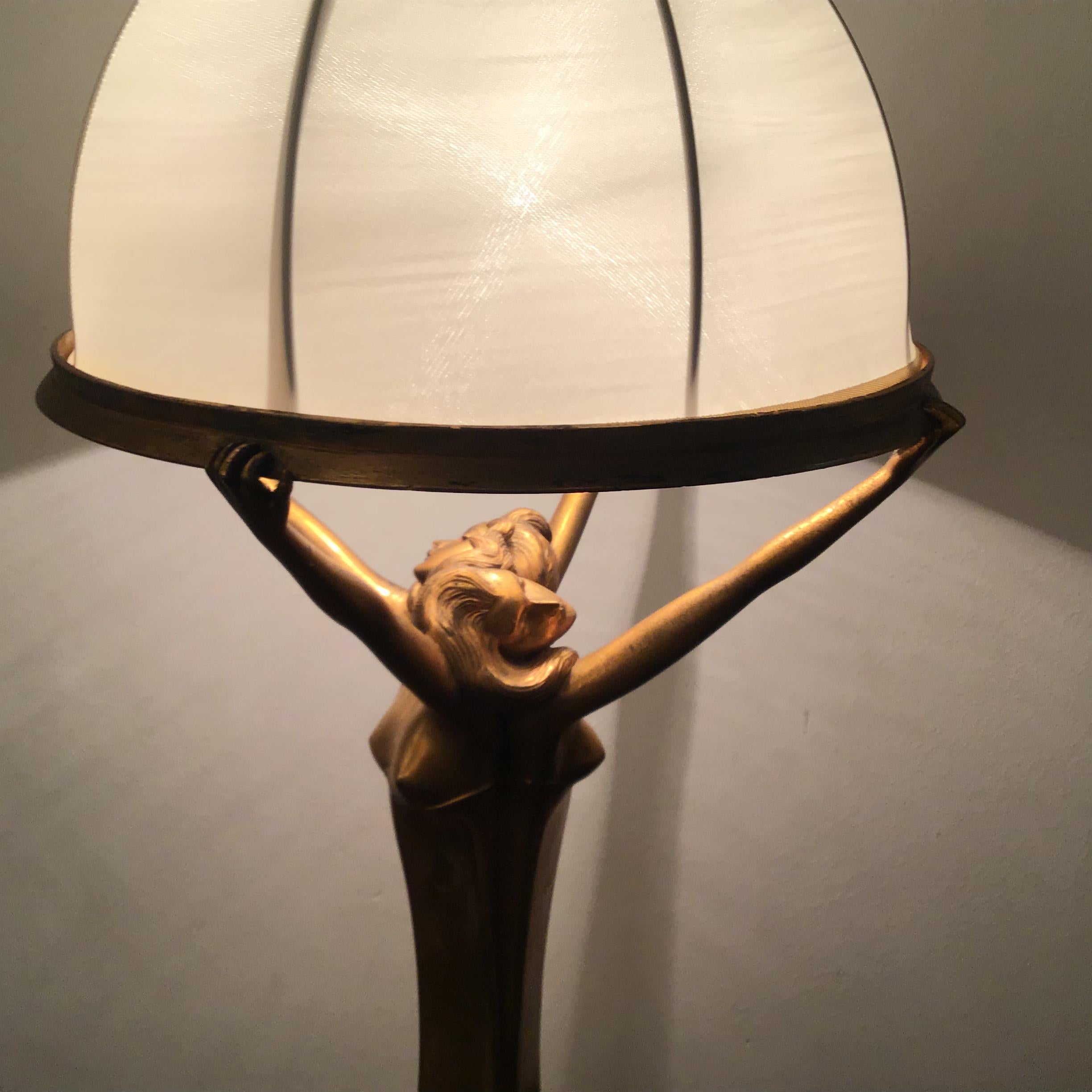 Art Nouveau Lamp Brass Satin Lampshade 1920 Italy For Sale 6