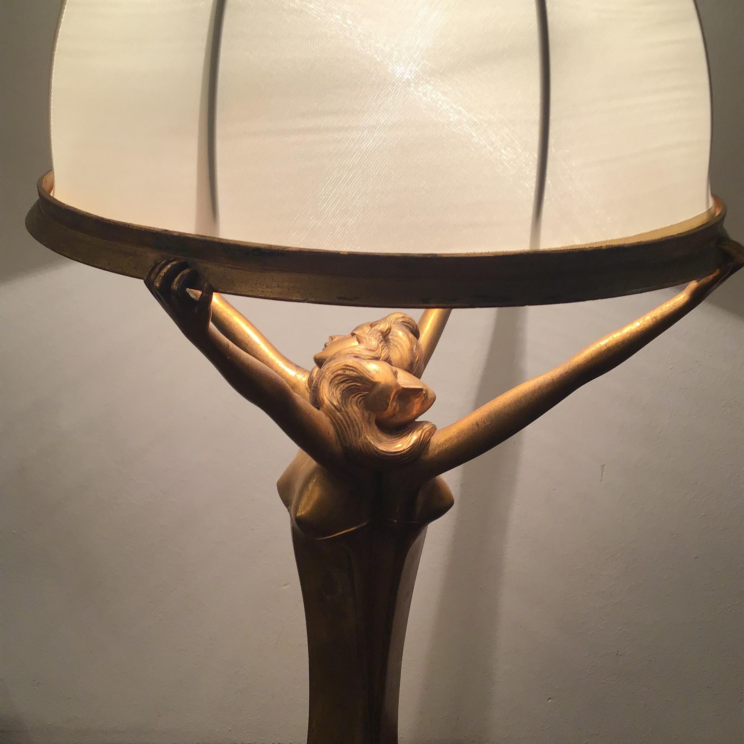 Art Nouveau Lamp Brass Satin Lampshade 1920 Italy For Sale 7